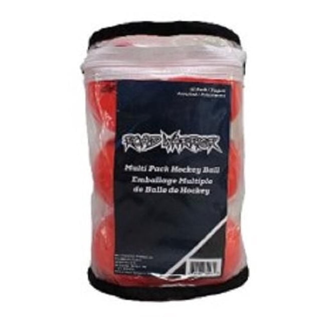 Assorted Street Hockey Ball 12-Pack in a clear zippered bag with black trim, containing 6 orange, 3 pink, and 3 glow in the dark balls designed for warm weather street hockey play above 16°C with minimal bounce on various surfaces.
