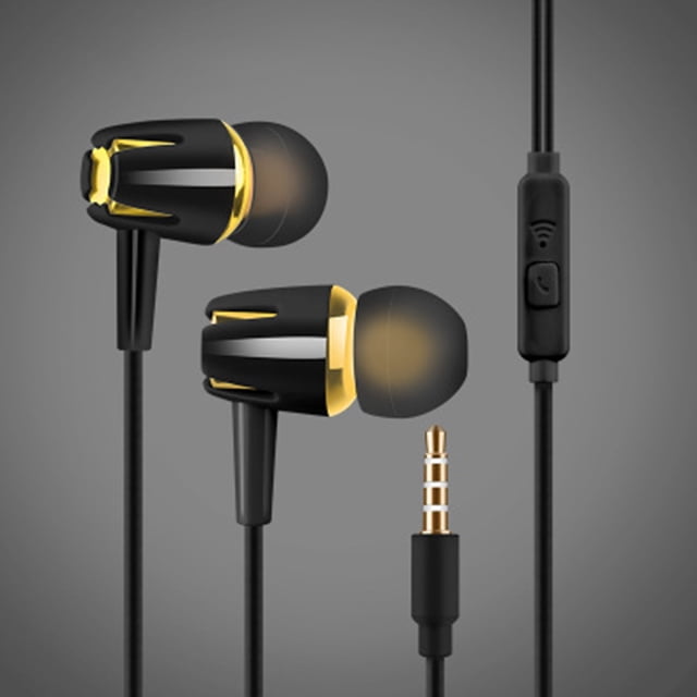 Maoww In Ear Earphone Running Sports Headphone Wired Earplug Headset with Microphone for Android for IOS. Black and gold in-ear headphones with ergonomic design, featuring a 3.5mm plug compatible with most devices. Includes a built-in microphone and durable shell with visible internal structure. Designed for comfort during activities like exercise, travel, and commuting.