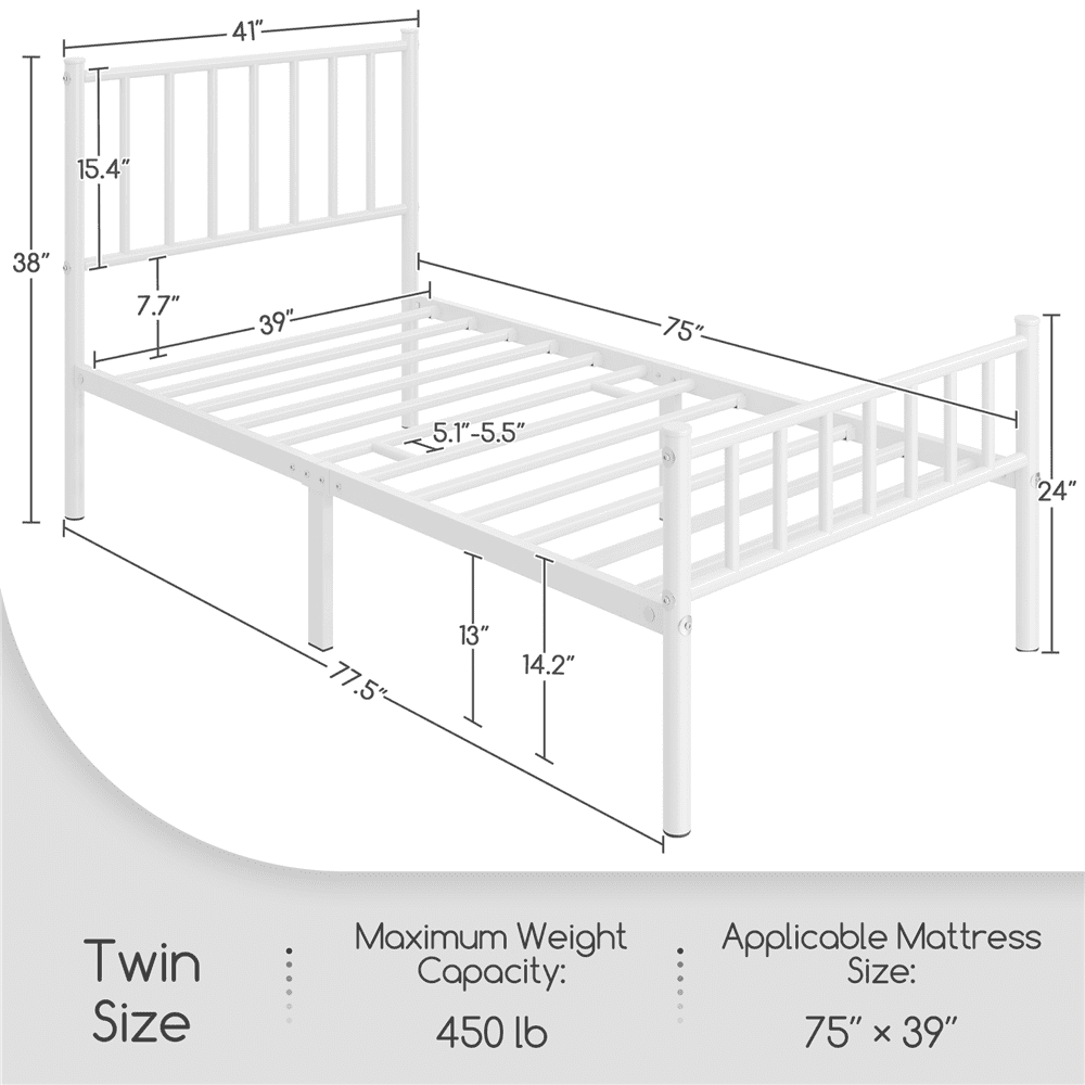Fullfurnique Minimalist Metal Bed Frame with Vertical Bar Headboard and Footboard, Queen, White