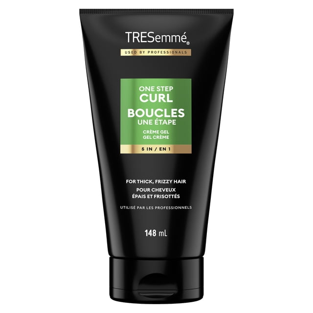 TRESemmé One-Step Gel-Crème pour Boucles 5 en 1 dans un tube Compressible Noir de 148 ml avec Étiquette Verte et Dorée, Conçu pour des Cheveux Épais et Frisottés pour Offrir une Définition des Boucles, une Hydratation, un Contrôle des Frisottis et une protection contre la Chaleur, Convient au Séchage à l'Air Ou par Diffuseur.