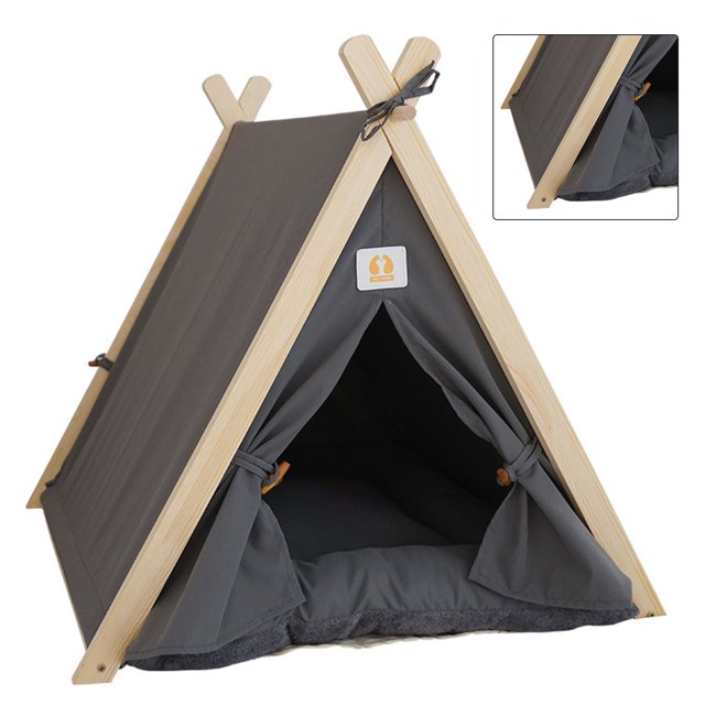 Pet Teepee, Pet Teepee Tent Soft Dog Cat Tent Pet Tent Bed Professional Grade in a classic gray colour. The tent features a triangular design with wooden poles for stability and a soft, thick cushion for comfort. Made of high-grade, wear-resistant fabric, it provides a spacious and cozy sleeping area for cats and small dogs. Suitable for indoor use.