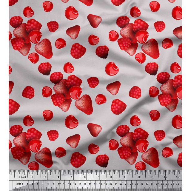 Soimoi Cotton Voile Fabric Raspberry,Strawberry & Cherry Fruits Decor Fabric Printed Yard 56 Inch Wide