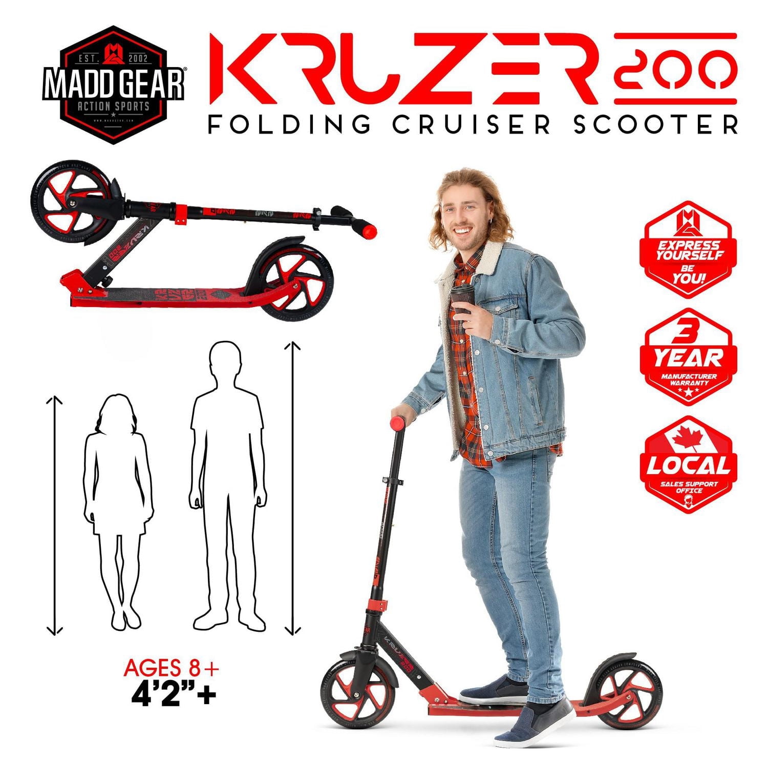 Madd Gear Kruzer 200 Trottinette pliante de déplacement pour adultes et ados Kruzer 200 grandes roues de 200 mm, guidon réglable, cadre en acier carbone léger - Rouge