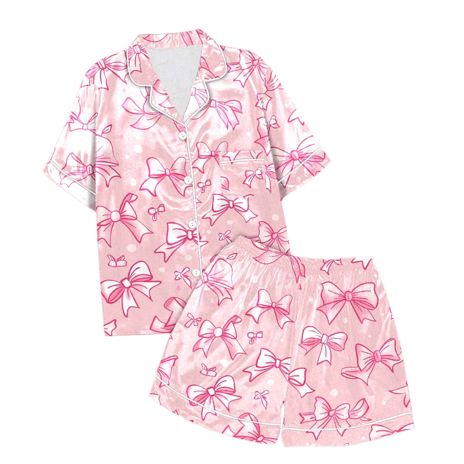 WEAIXIMIUNG Ensemble de Pyjama Deux Pièces pour Filles Enfants, Manches Courtes et Short, Imprimé Nœud, 12-13 Ans