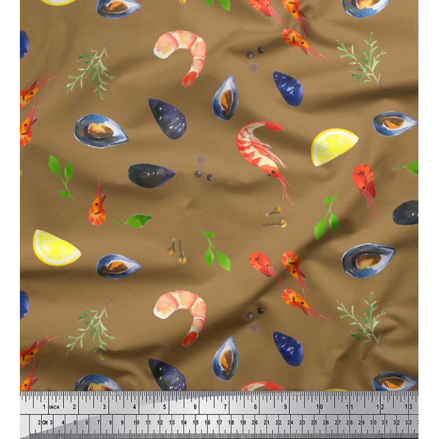 Soimoi Velvet Fabric Gemstone,Lemon Slice & Prawns Food Printed Craft Fabric by the Yard 58 Inch Wide