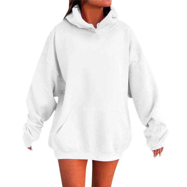Chandails à Capuchon pour Femmes, Couleur Unie, Chandail à Capuchon de Base d'Automne avec Poche avant, Extensible, Coupe Confortable, Chandail Molletonné à Enfiler, Chandail Ras du Cou pour Femmes, Blanc, TTTTG