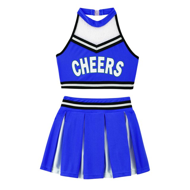 Xnihocha Girls Classic Cheerleading Team Uniform Mesh Splice Crop Top with Pleated Boxer Skirts Rooter Stage Suit Royal Blue 16