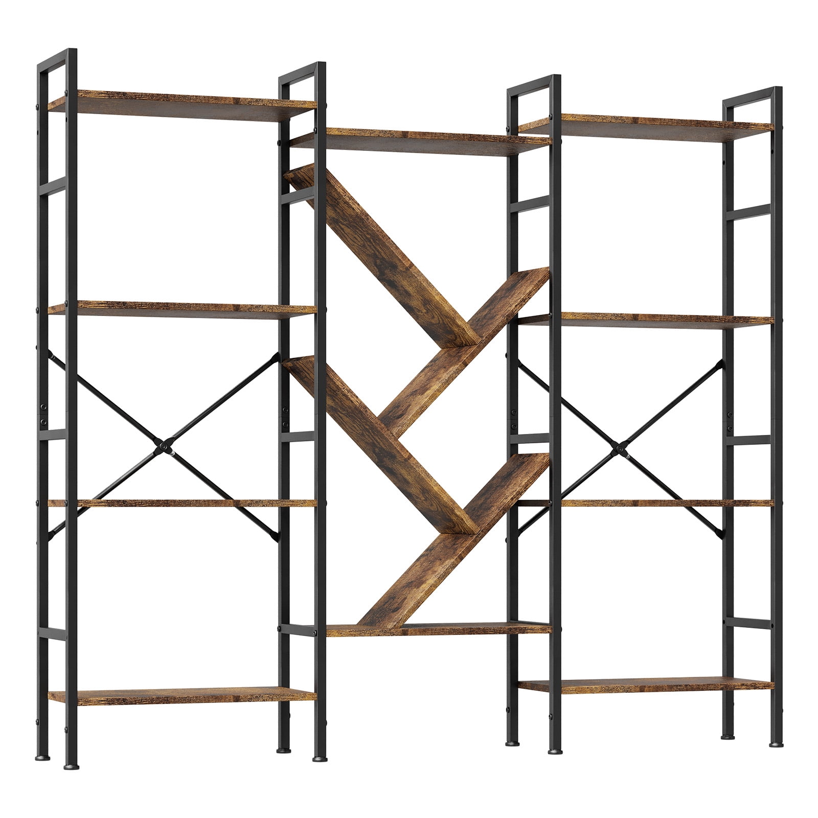 BeesClover Industrial 4-Tier Wooden Bookcase, Modern Industrial Wide Book Shelf with 14 Display Shelves, Rustic Storage Rack with Sturdy Metal Frame for Living Room, Home Office