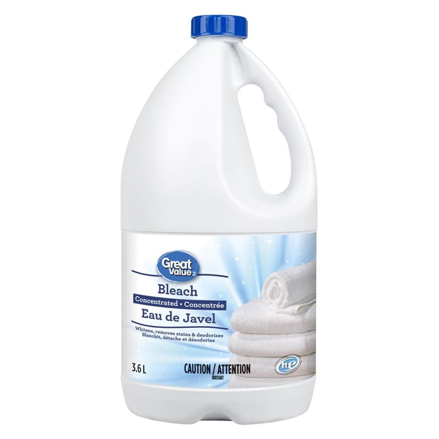 Great Value Concentrated Liquid Bleach 3.6 L bottle with blue screw cap and ergonomic handle, formulated to whiten, remove stains, and deodorize laundry, compatible with high efficiency and standard washing machines, label shows stacked white towels on a light blue background.