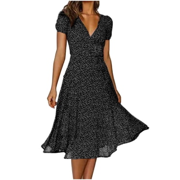 Pisexur Robe d'Été pour Femme, Manches Courtes, Imprimé Floral à Volants, Décolleté Plongeant Aguichant en V, Taille Haute, Robe Longue Fluide et Courte, Robe de Vacances Décontractée