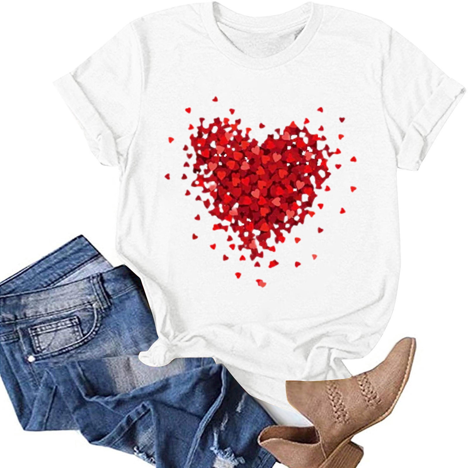 TIMIFIS T-Shirts de la Saint-Valentin pour Femmes Été Décontracté Ample à Manches Courtes Col Rond T-Shirt Imprimé Cœur d'Amour
