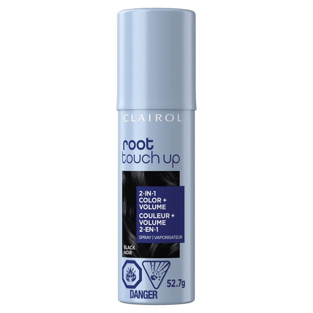 Clairol Root Touch-Up Temporary Spray 2in1: 100% gray coverage and volume boost — centered front-facing can on a neutral background; temporary root-touch up spray that instantly covers gray regrowth and adds a volume boost, label indicates ammonia-free formula and simple 6-inch spray application; often used for quick touch-ups between salon visits.