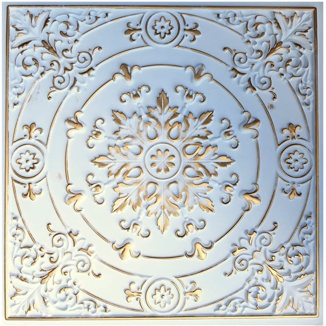 Drop-In, Glue-Up 2'x2' Faux Tin PVC Ceiling Tile , Arctic Sun, Pack of 25