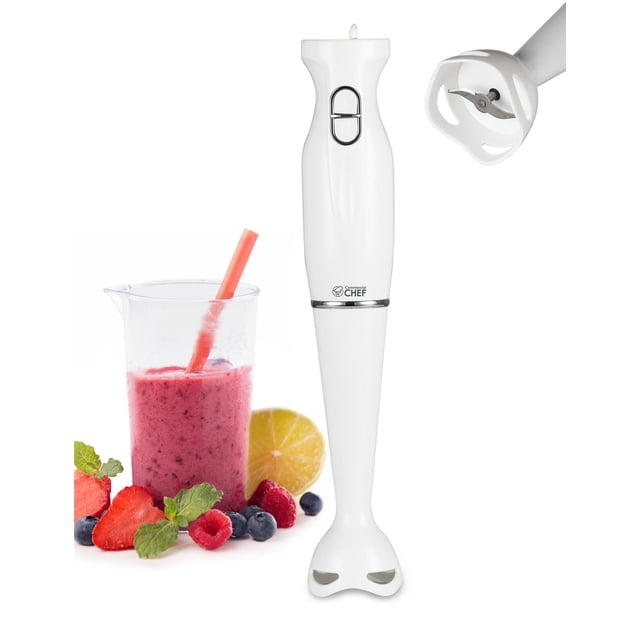 COMMERCIAL CHEF Immersion Blender in white with detachable stainless steel blending stick and blades, two speed settings, and a quiet motor, shown with a 600ml beaker filled with mixed berry smoothie and fresh berries and lemon slice, suitable for blending soups, purees, and smoothies in small kitchen appliances.