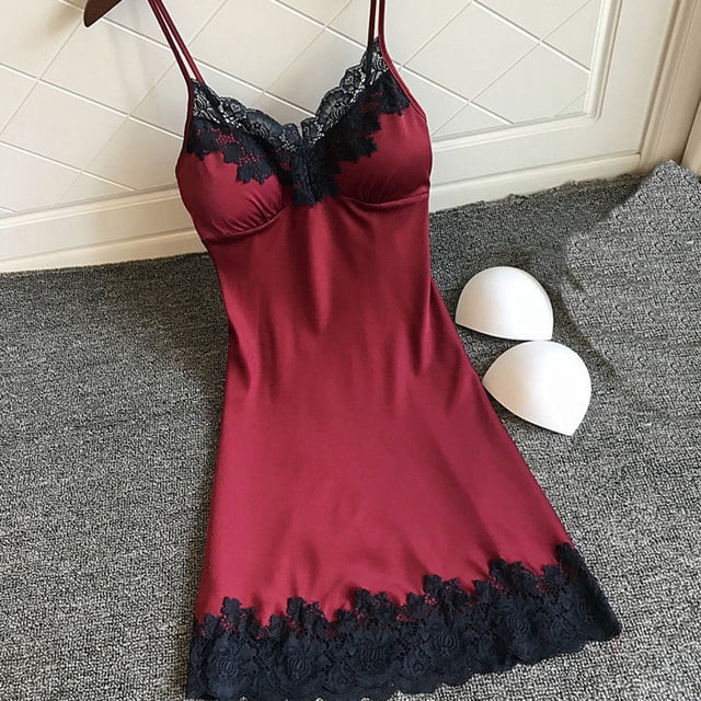 LSLJS Nuisette en Satin pour Femmes Dames Tenue de Nuit Nuisette Lingerie Aguichant avec Coussinets de Poitrine, Robe de Pyjama pour Femmes