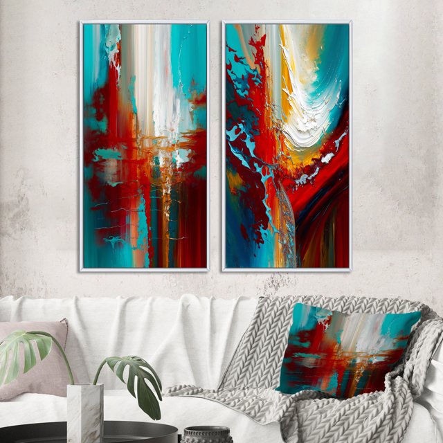 Designart « Teal Rhythms Abstract Awakening I » Peinture Abstraite Ensemble d'Art Mural Encadré de 2 - Ensemble d'Art Mural Encadré Moderne Rouge de 2