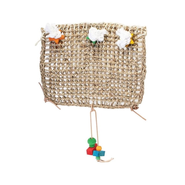 Penn-Plax Natural Weave Cage Climbing Mat with a rectangular woven natural fiber base, three brightly colored wooden shapes tied with cotton ropes at the top, and multicolored wooden beads hanging below, designed to clip onto small to medium indoor bird cages for exercise and enrichment.