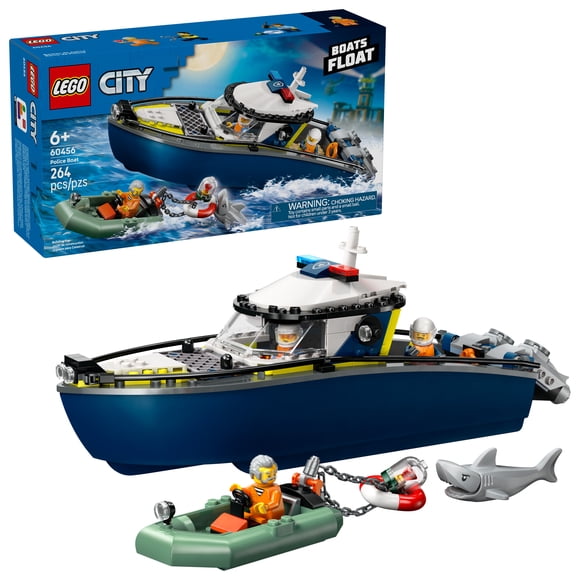 Jouet LEGO City La poursuite en Bateau de Police, Avec un Hors-Bord Flottant et un Canot Pneumatique 60456