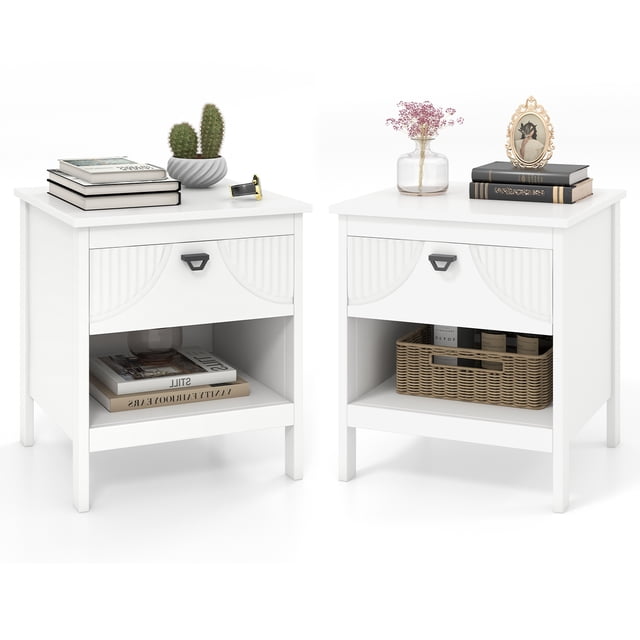 Gymax 2PCS 2-tier End Table w/Drawer Open Storage Shelf 2 Tiers Nightstand Bedroom