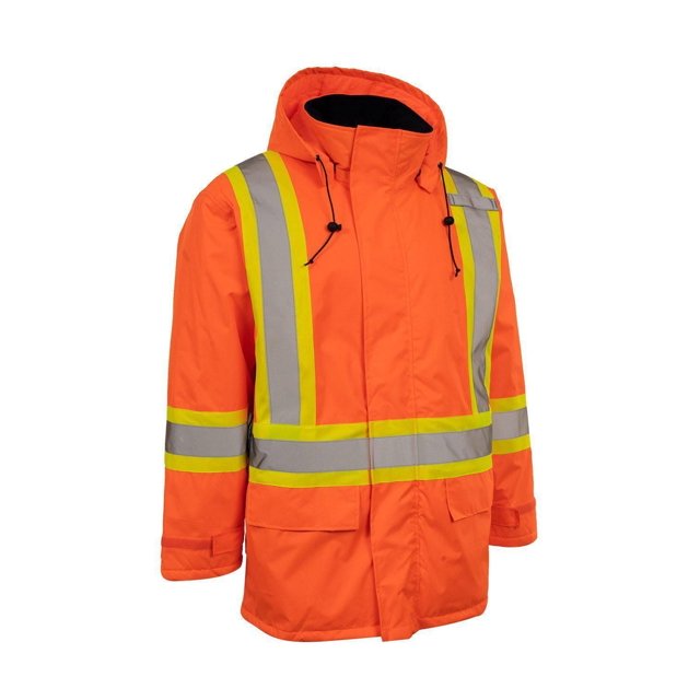 Forcefield Veste de Mineur Isolée Haute Visibilité en Tissu ripstop polyester orange fluorescent avec Ruban Réfléchissant Jaune et Argent à l'Avant, Manches et Taille, Dotée d'Une Capuche à Dégagement Rapide Isolée à Boutons-Pression avec Cordons, Deux Grandes Poches cargo à velcro avant, Poignets à velcro Ajustables et Isolation en polyester 70 g/m2 pour la Chaleur, Convient aux Environnements de Travail Froids.