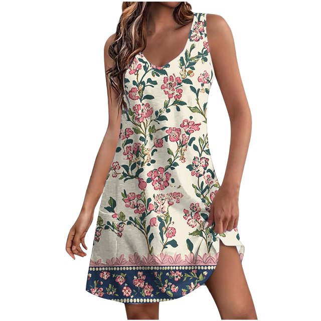 Ovzne Robes pour Femmes 2025 Robe pour Femme Robe d'Été Décontractée pour Femme Mode Imprimée avec Poche Sans Manches à Col en V Robe Grande Taille Robe Maxi Imprimée Liquidation