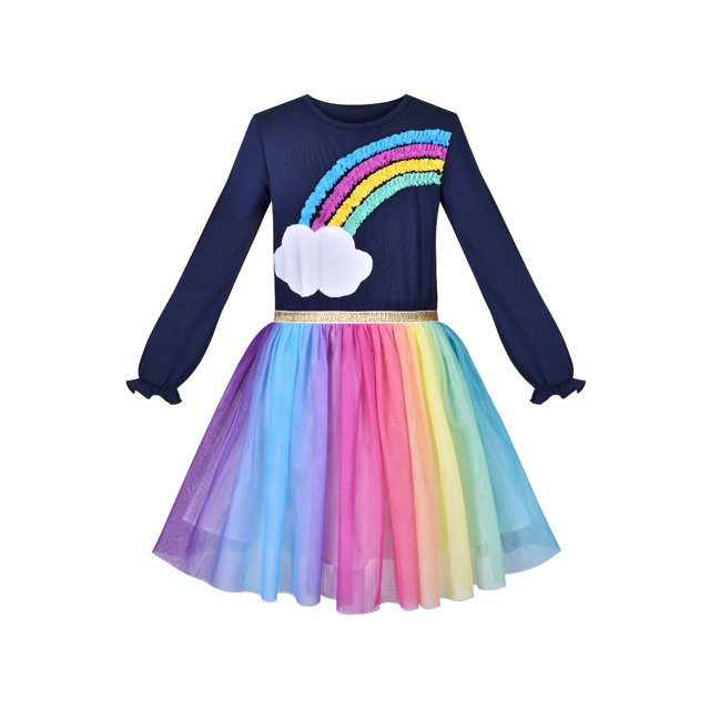Robe Fille Arc-en-Ciel Jupe en Tulle Colorée Manches Longues Fête de Vacances 6 Ans