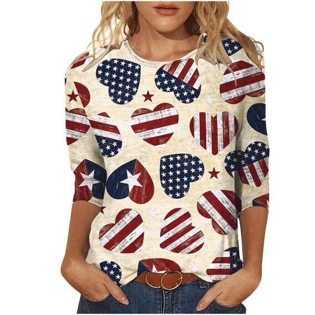 CEHVOM T-shirt Imprimé Mode Femme Jour de l'Indépendance Manches 3/4 Blouse Col Rond Tops Décontractés Liquidation