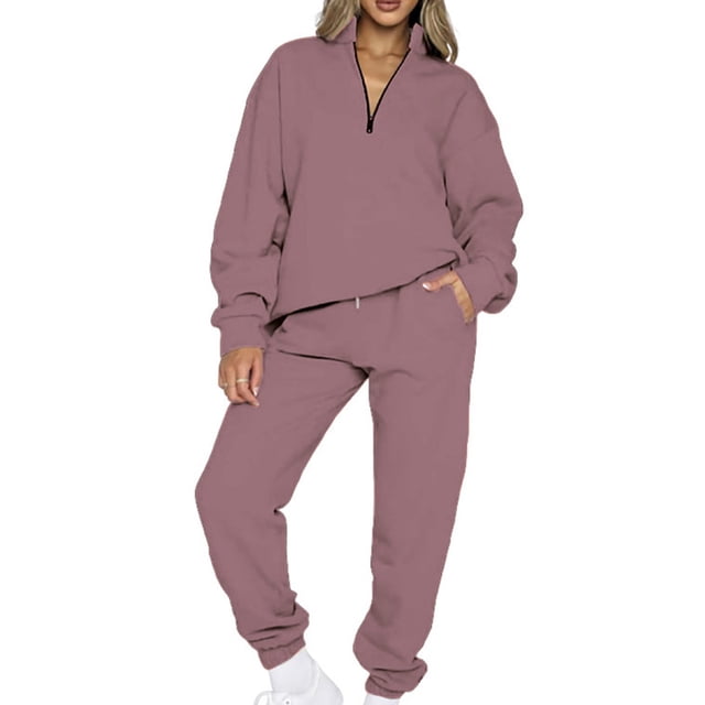 MAWCLOS Women Jogger Sets Long Sleeve Tracksuit Set Solid Color Two Piece Outfit Breathable Sports V Neck Sweatsuits Purple Pink XL