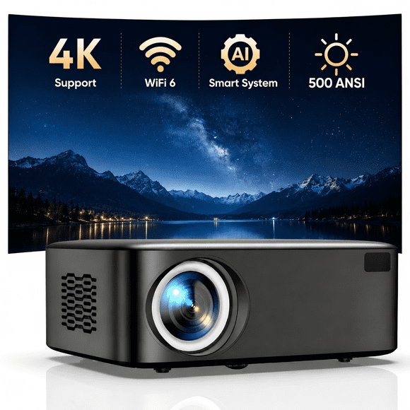 [Netflix Ready]  Smart Projector with 4K Support, 500ANSI Smart Home Theatre, Electric Focus & Auto Keystone, WiFi 6 Bluetooth Movie Projector for Outdoor Gaming Projector