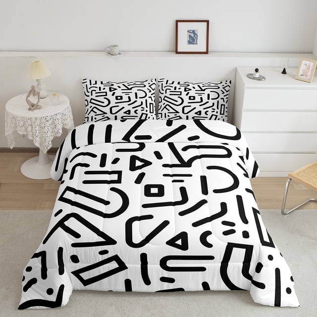 YST Abstract Down Comforter Queen Size,Geometry Pattern Comforter Set For Teenager,Black White Stripes Duvet Set,Western Art Style Bedding Set For All Season,Soft Warm Lightweight