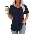 thumbnail image 2 of AherBiu Women's Tunics Short Sleeve Dressy Casual Round Neck Loose Ruched Solid Color Basic Comfy Shirts Tops, 2 of 7