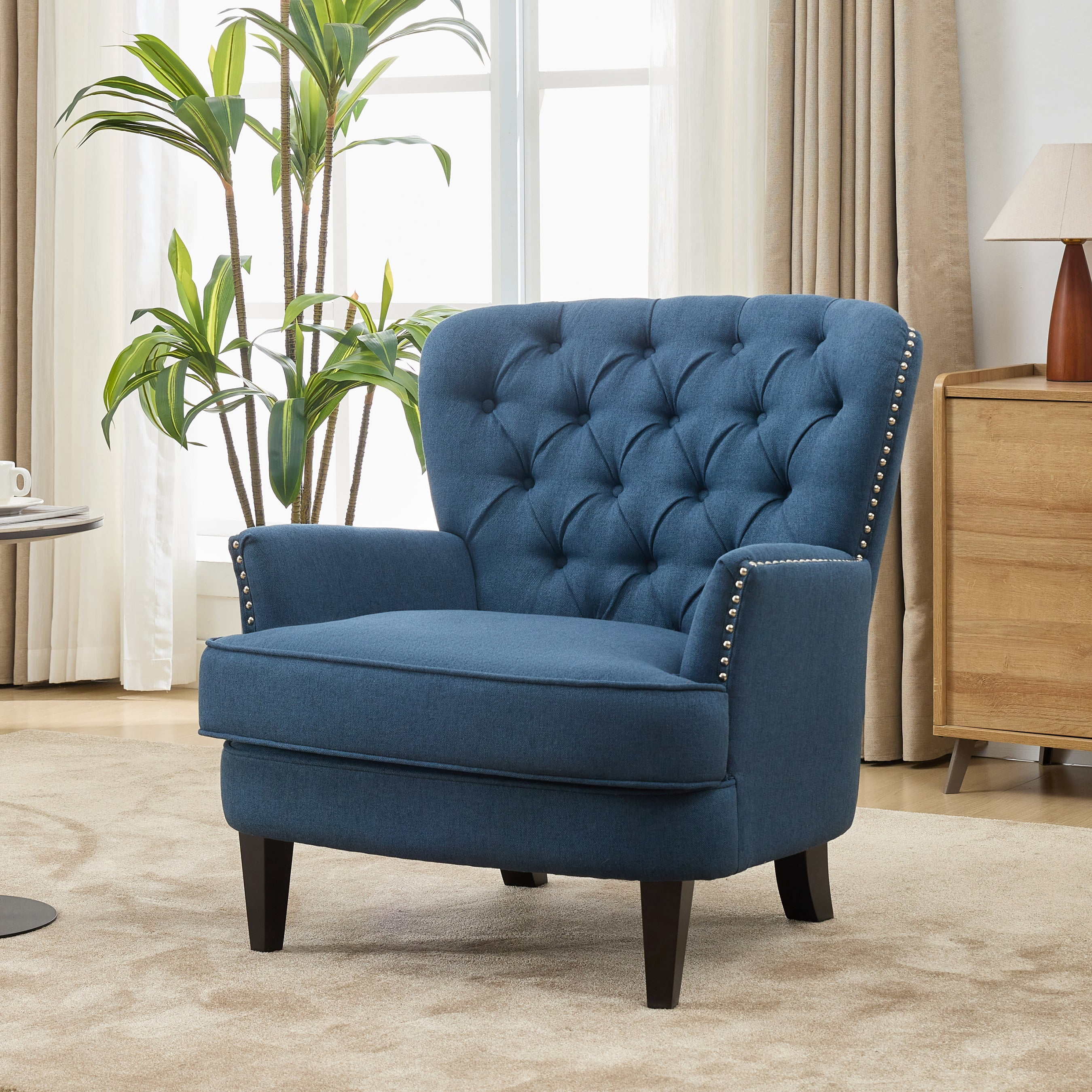Noble House Vintage-Inspired Upholstered Lounge Chair,Nailhead Trim with Solid Wood Legs & Curved Backrest,Navy Blue