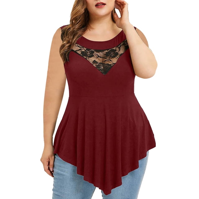 Timegard Womens Plus Size Tank Tops Lace Round Neck Irregularly Bottom Loose Tunic Tops Comfy Casual