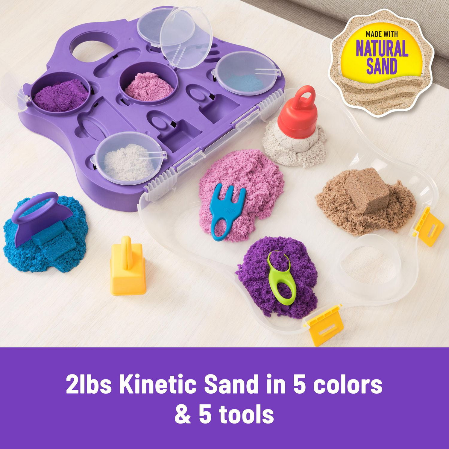 Kinetic Sand, Variety Case with Beach, Neon & Shimmer Play Sand (2lbs) & 5 Tools, Reusable Storage, Sensory Toys, Christmas Gifts for Kids Ages 3+