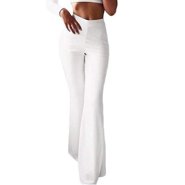 Pantalon Évasé pour Femmes Uni à Haute Élasticité Polyester Blanc P