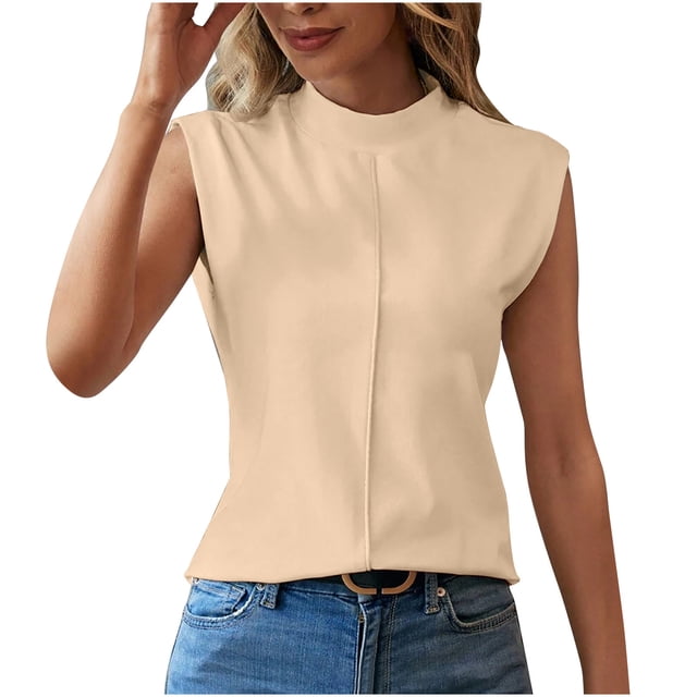 Plebaso Womens Summer Tank Tops High Neck Cap Sleeve Casual Tshirts Sleeveless Solid Color Basic Tee Tops