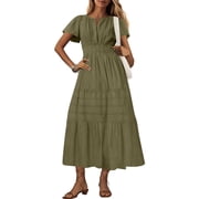 Women's Midi Maxi Dress, Short Sleeve V-Neck Pleated Dress with Elastic Waist, Boho Beach Dress with Pockets