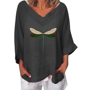 T-Shirt for women Round V-neck Casual Cotton Jumper Tops Dragonflies Ladies T-Shirt Top