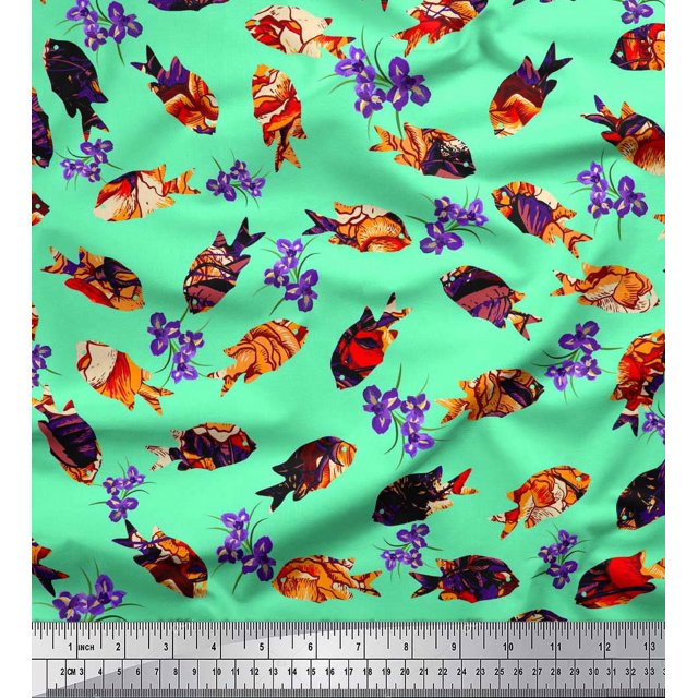 Soimoi Rayon Fabric Floral & Textured Fish Ocean Decor Fabric Printed Yard 42 Inch Wide