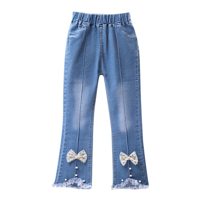 QIPOPIQ Girls Elastic Waist Slim Jeans,Ripped Fashion Simple Denim Pants 2-13 Years Clearance