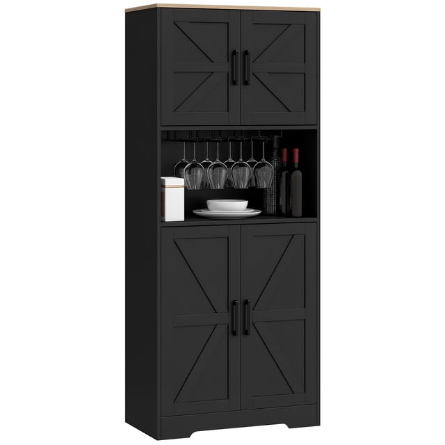 HOMCOM Armoire de Rangement pour Garde-Manger de Cuisine avec Comptoir de four à Micro-Ondes en Noir. Cette Armoire Haute Comprend Deux Armoires Spacieuses avec Portes de Style Ferme, Cinq Tablettes Intérieures et une Planche Supérieure Façon Chêne. le Comptoir Ouvert Accueille des Appareils de Cuisine comme un Micro-Ondes Ou une Cafetière. Comprend Quatre Porte-Verres pour jusqu'à 12 Verres à Vin et un Espace Supplémentaire pour Assiettes et Bouteilles. Fabriquée en Panneau de Particules avec Accessoires Anti-Basculement pour la Sécurité. Dimensions : 28,3 Pouces de Large, 15 Pouces de Profondeur et 67