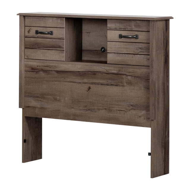 South Shore Ulysses Twin Bookcase Headboard with Storage and Sliding Doors in fall oak finish, featuring two sliding doors with black metal handles, a central open shelf with cable management hole, designed for bedroom furniture storage and organizing electronics.