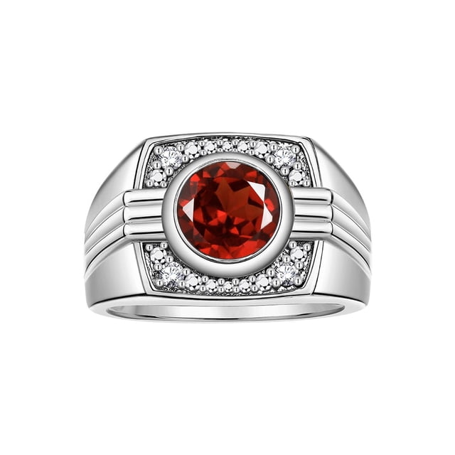 RYLOS Mens Rings 14K White Gold Designer Round Gemstone & Sparkling Diamond Ring Garnet January Birthstone Rings For Men, Men's Rings, Gold Rings Sizes 8 - 13