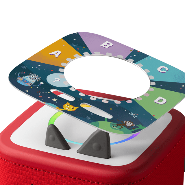 tonies Tonieplay The Quizzles: All About Animals Game showing a colorful quiz category card with sections labeled A, B, C, and D featuring animal illustrations like an owl, leopard, and monkey, placed on a red Toniebox 2 base with a glowing light ring and two black triangular supports for interactive, screen-free educational play.