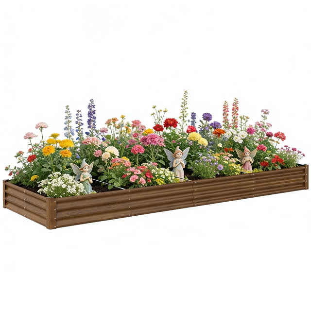 Outsunny 12 x 4 x 1ft Galvanized Raised Garden Bed, Open Bottom, Brown