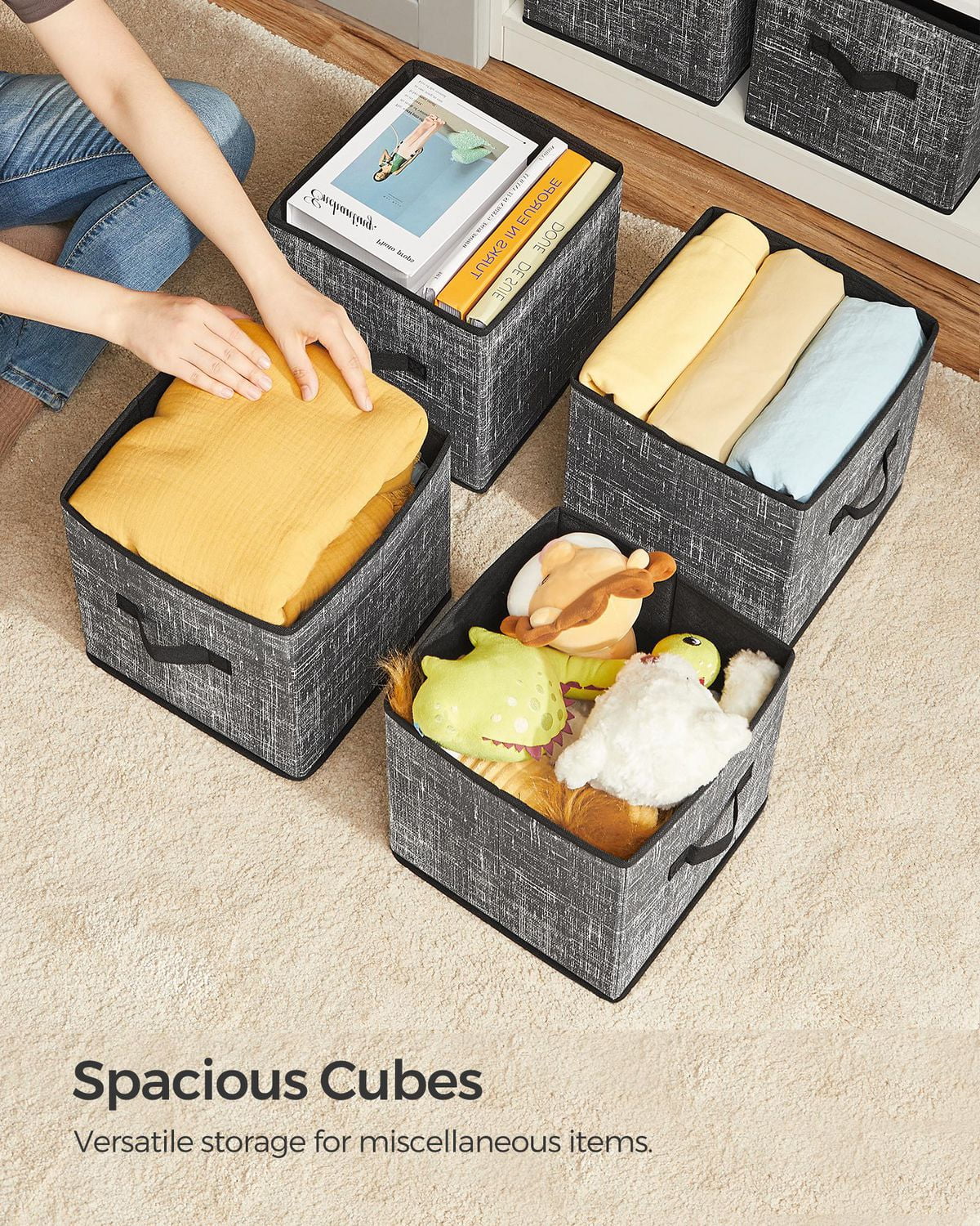 Songmics Home - Lot de 6 cubes de rangement de 11" - Bacs de rangement pliables en tissu avec poignées, noir classique