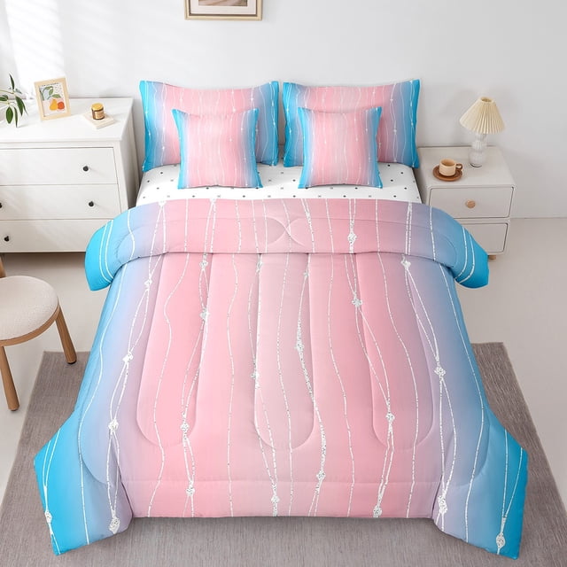 YST Blue and Pink Gradient 7pcs Watercolor Art Bedding Set, Geometry Lines Full Size Comforter Set, Modern Abstract Aesthetic Bed Set
