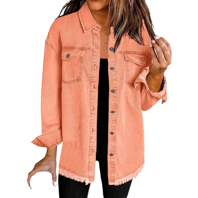 Yubnlvae Chemise-Veste en Denim Lavé Orange Mode Décontractée Veste pour Femme, G