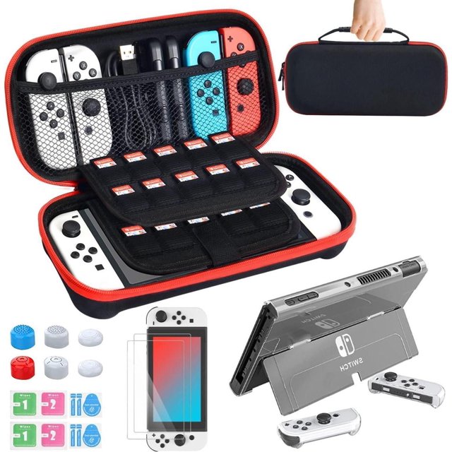 Carry Case for Nintendo Switch OLED Model 2021, Accessories Kit with Clear Cover, Screen Protector, Thumb Grip Caps & More, Suitable for Travel and Home Storage
