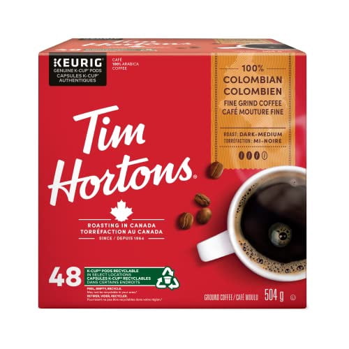 Tim Hortons 100% Colombian Dark-Medium Roast Coffee Pods, Smooth, Well Balanced & Crisp Flavour, Rich Taste, 48 Count